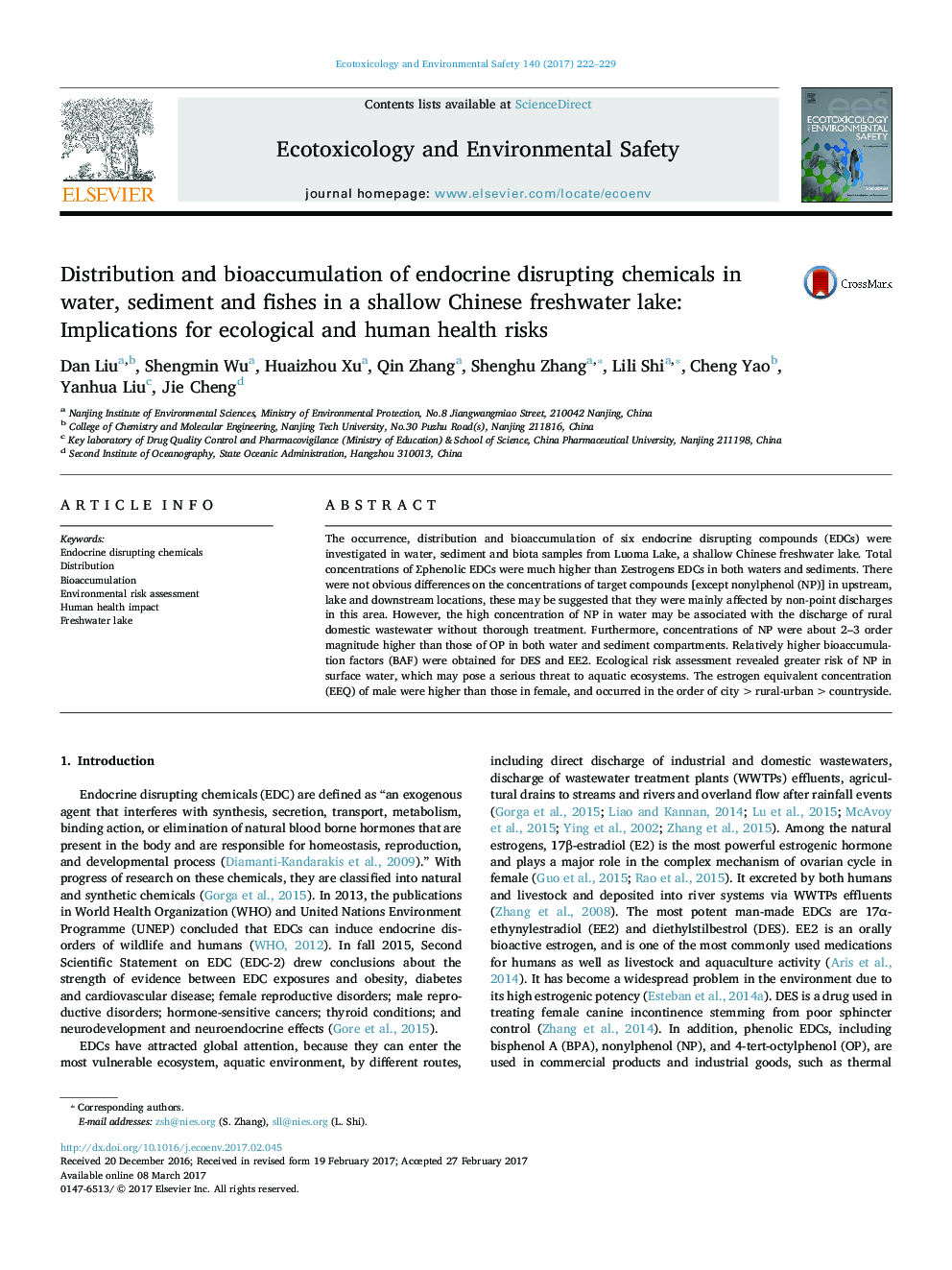 Distribution and bioaccumulation of endocrine disrupting chemicals in water, sediment and fishes in a shallow Chinese freshwater lake: Implications for ecological and human health risks