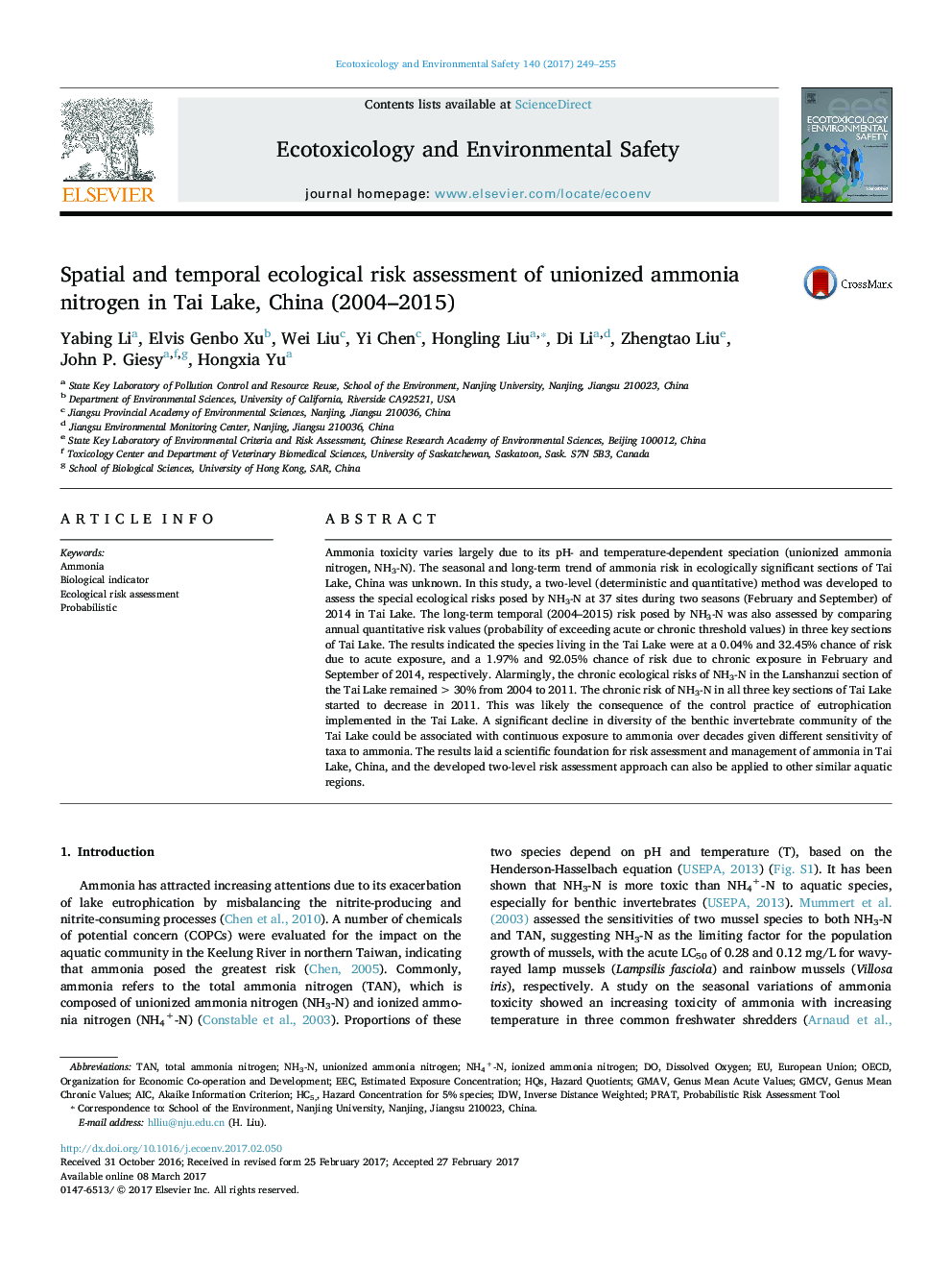 Spatial and temporal ecological risk assessment of unionized ammonia nitrogen in Tai Lake, China (2004-2015)