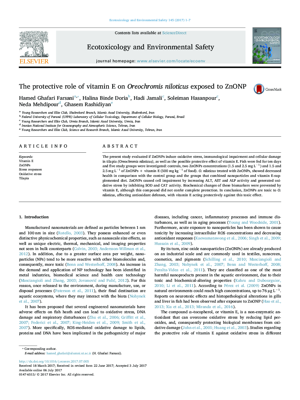 The protective role of vitamin E on Oreochromis niloticus exposed to ZnONP