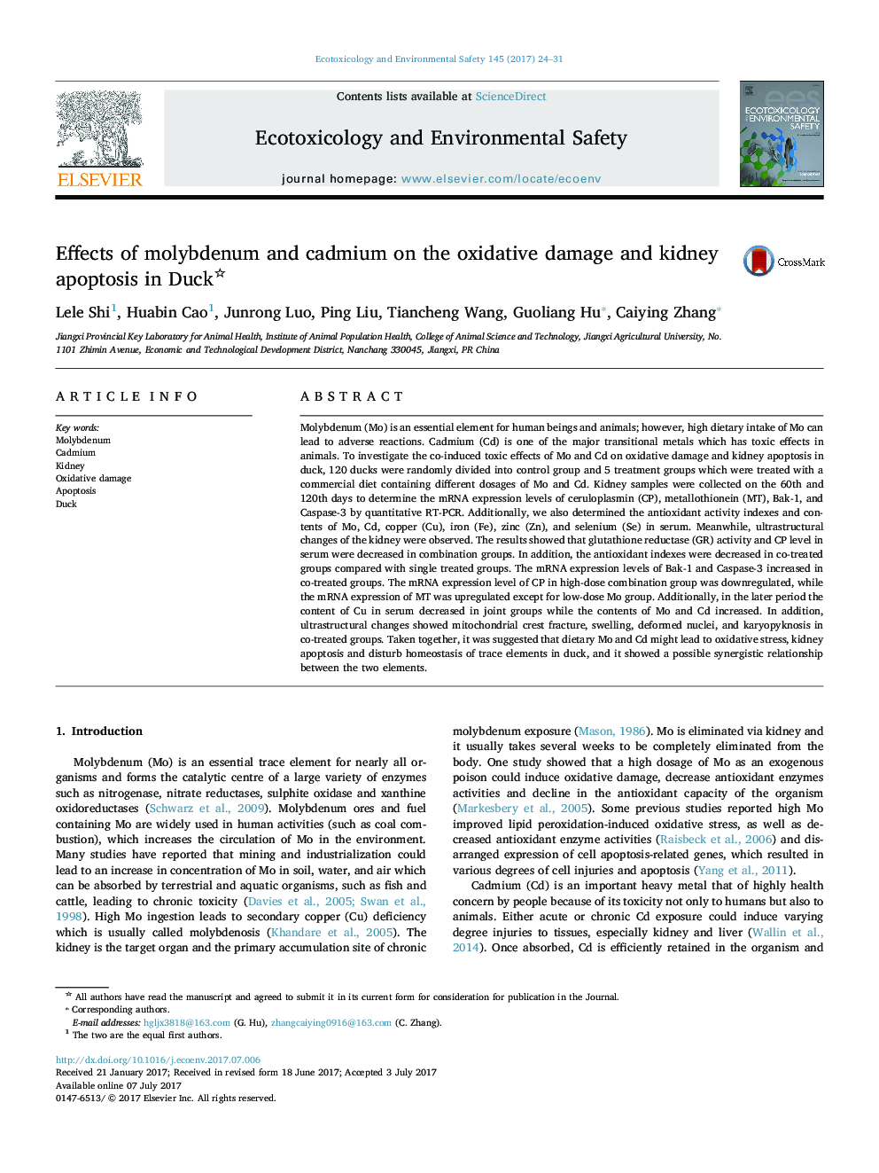 Effects of molybdenum and cadmium on the oxidative damage and kidney apoptosis in Duck