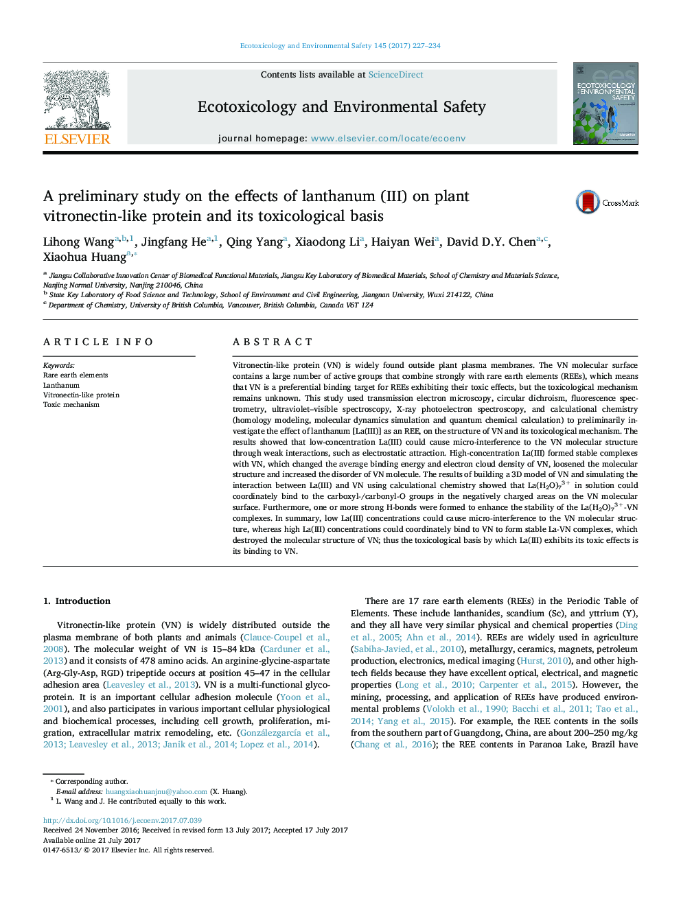 A preliminary study on the effects of lanthanum (III) on plant vitronectin-like protein and its toxicological basis