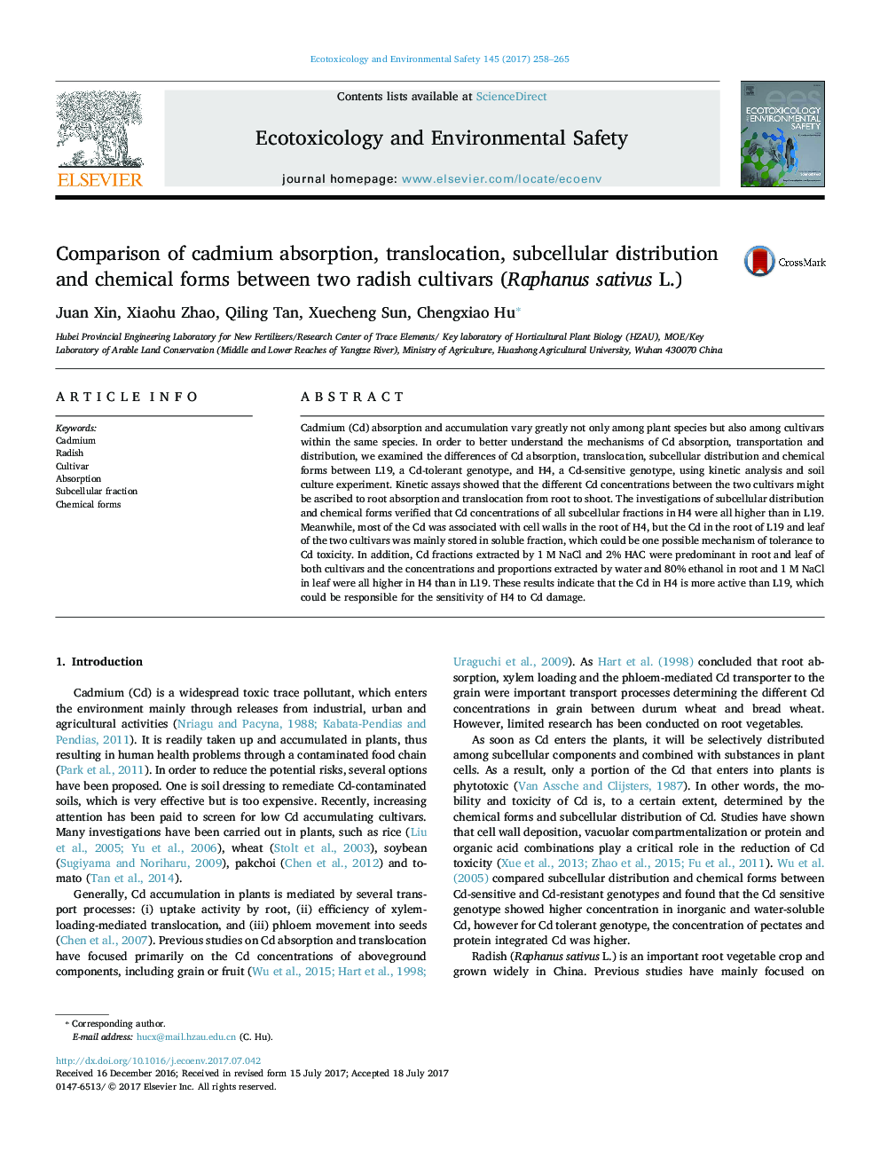 Comparison of cadmium absorption, translocation, subcellular distribution and chemical forms between two radish cultivars (Raphanus sativus L.)