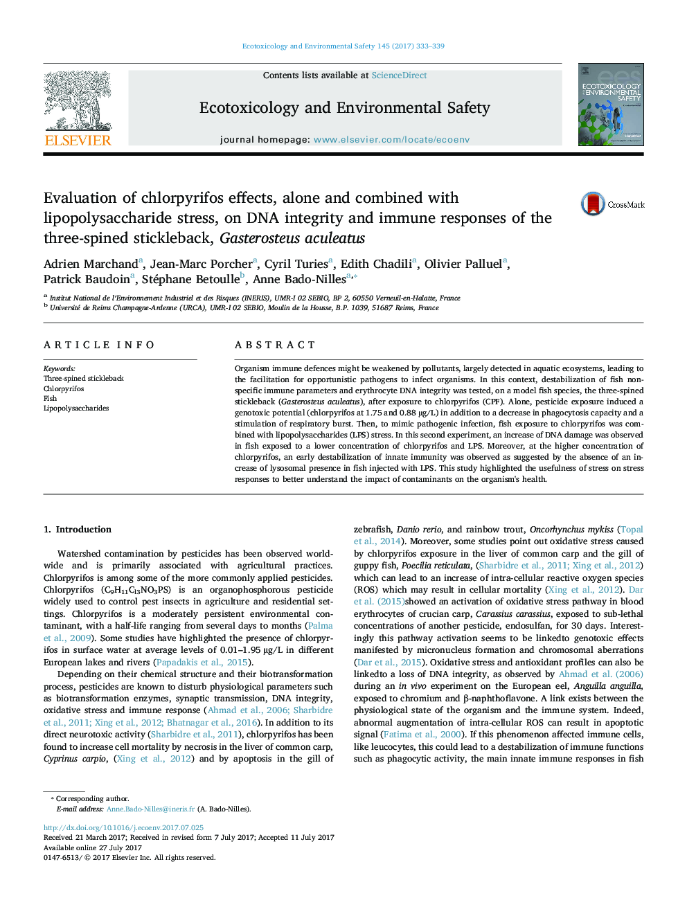 Evaluation of chlorpyrifos effects, alone and combined with lipopolysaccharide stress, on DNA integrity and immune responses of the three-spined stickleback, Gasterosteus aculeatus