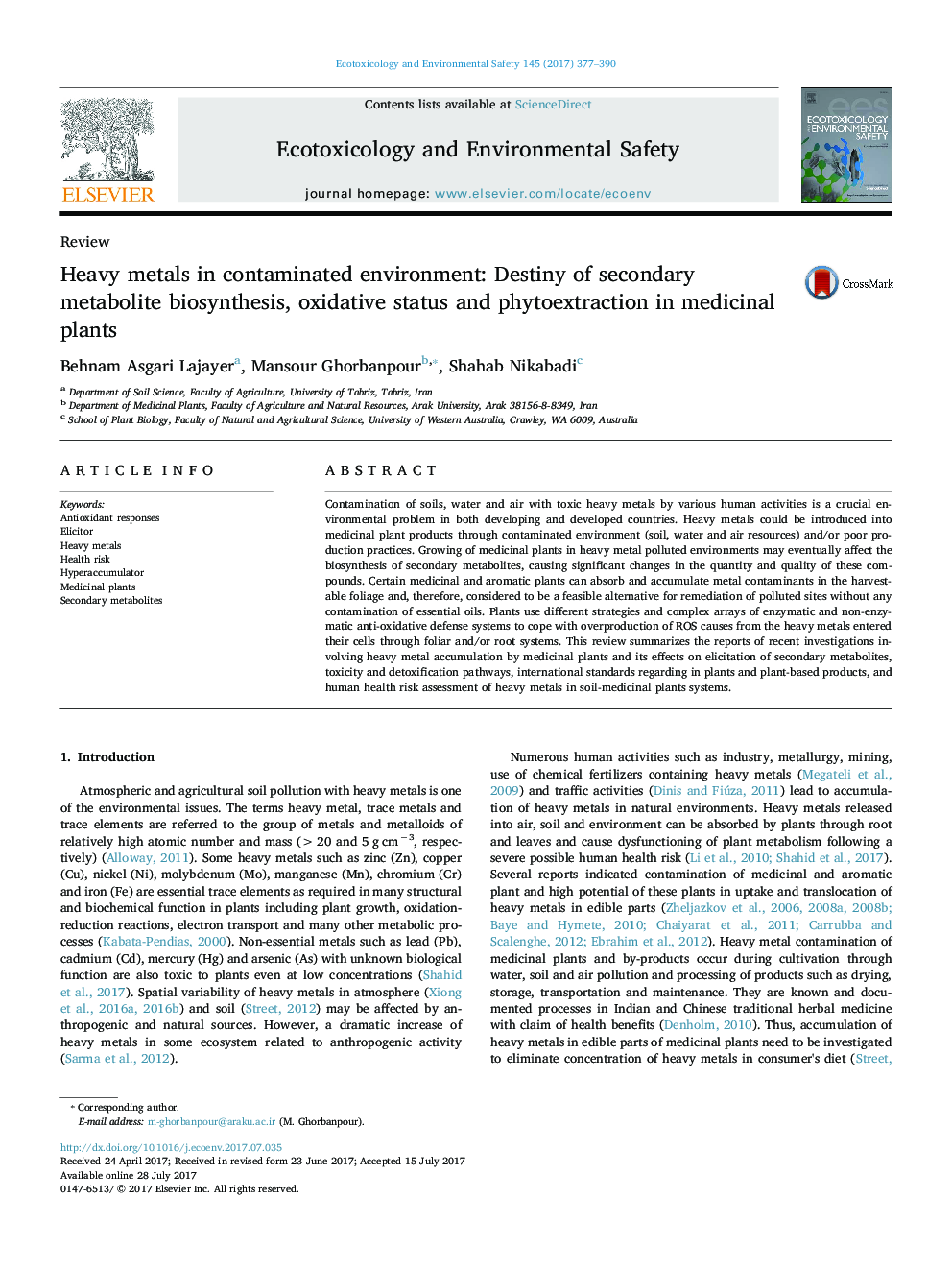 ReviewHeavy metals in contaminated environment: Destiny of secondary metabolite biosynthesis, oxidative status and phytoextraction in medicinal plants