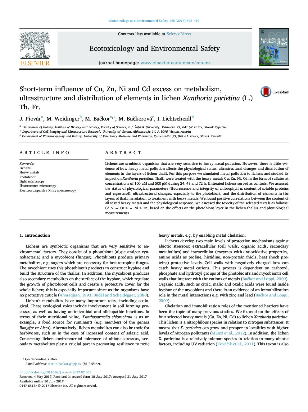 Short-term influence of Cu, Zn, Ni and Cd excess on metabolism, ultrastructure and distribution of elements in lichen Xanthoria parietina (L.) Th. Fr.