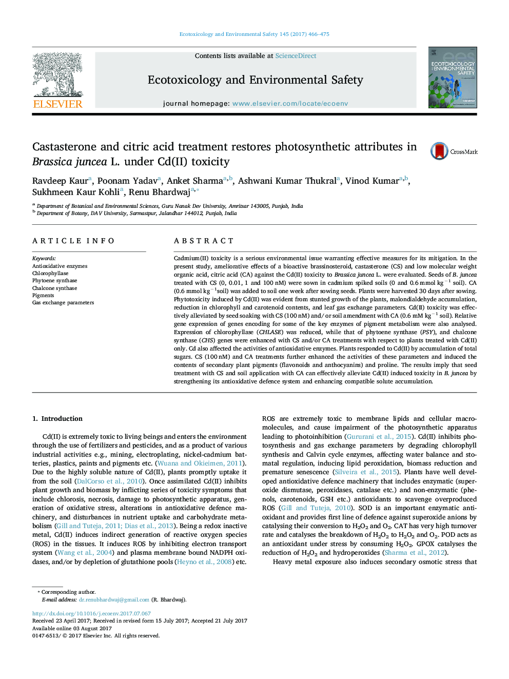 Castasterone and citric acid treatment restores photosynthetic attributes in Brassica juncea L. under Cd(II) toxicity