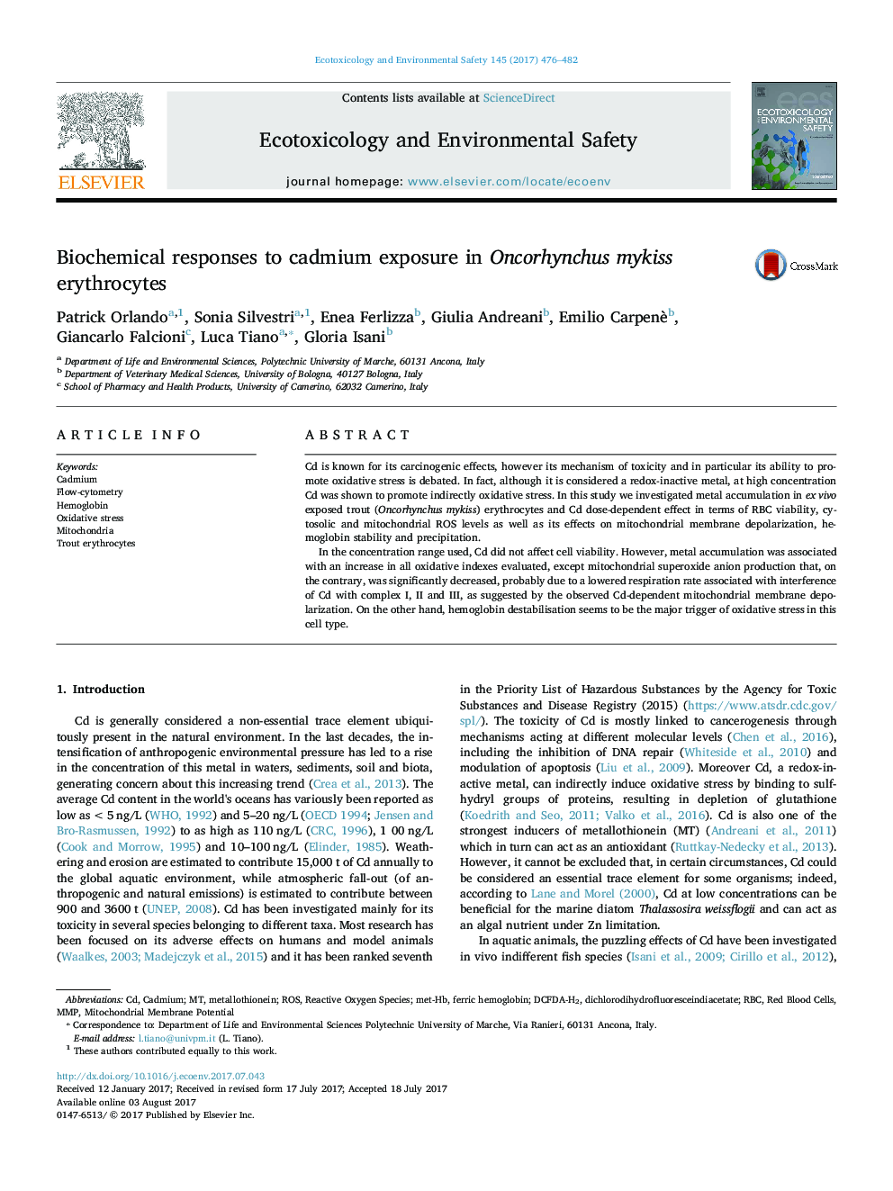 Biochemical responses to cadmium exposure in Oncorhynchus mykiss erythrocytes