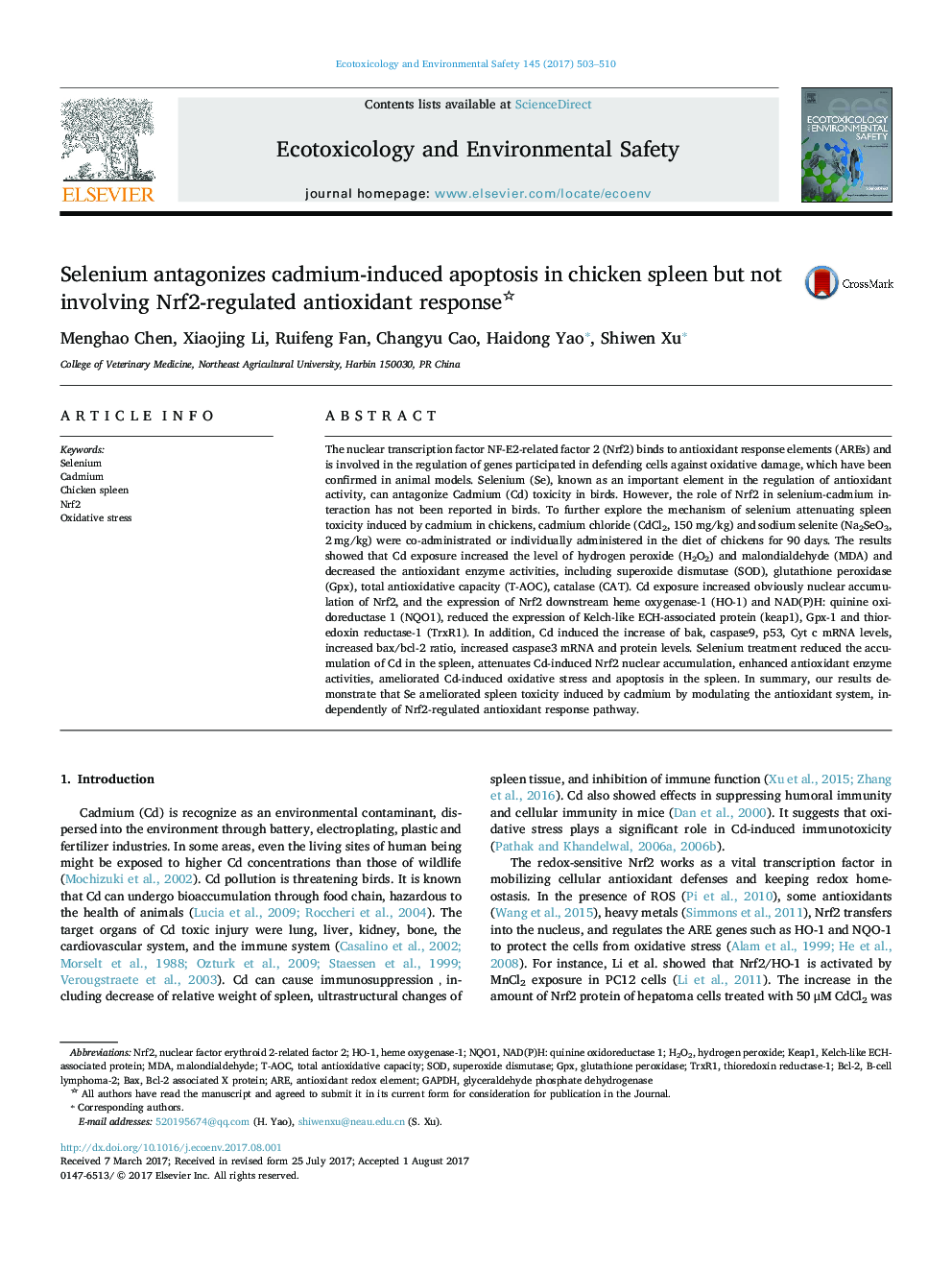 Selenium antagonizes cadmium-induced apoptosis in chicken spleen but not involving Nrf2-regulated antioxidant response