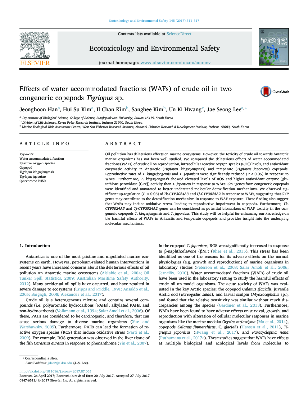 Effects of water accommodated fractions (WAFs) of crude oil in two congeneric copepods Tigriopus sp.