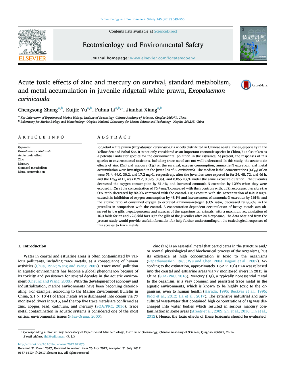 Acute toxic effects of zinc and mercury on survival, standard metabolism, and metal accumulation in juvenile ridgetail white prawn, Exopalaemon carinicauda