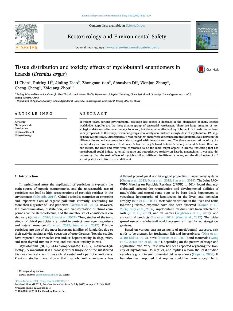 Tissue distribution and toxicity effects of myclobutanil enantiomers in lizards (Eremias argus)