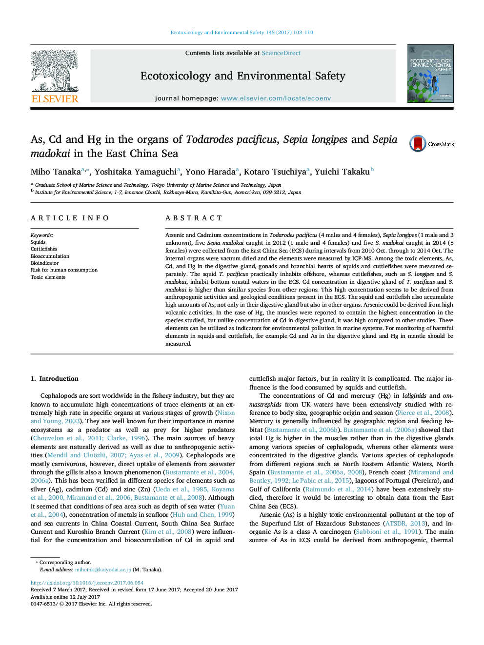 As, Cd and Hg in the organs of Todarodes pacificus, Sepia longipes and Sepia madokai in the East China Sea