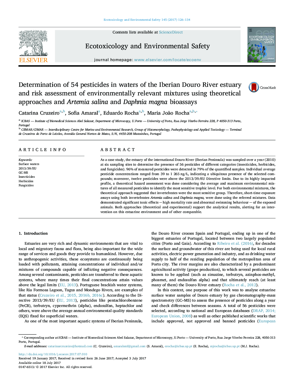 Determination of 54 pesticides in waters of the Iberian Douro River estuary and risk assessment of environmentally relevant mixtures using theoretical approaches and Artemia salina and Daphnia magna bioassays