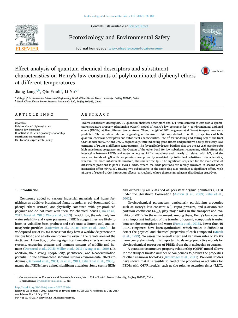 Effect analysis of quantum chemical descriptors and substituent characteristics on Henry's law constants of polybrominated diphenyl ethers at different temperatures