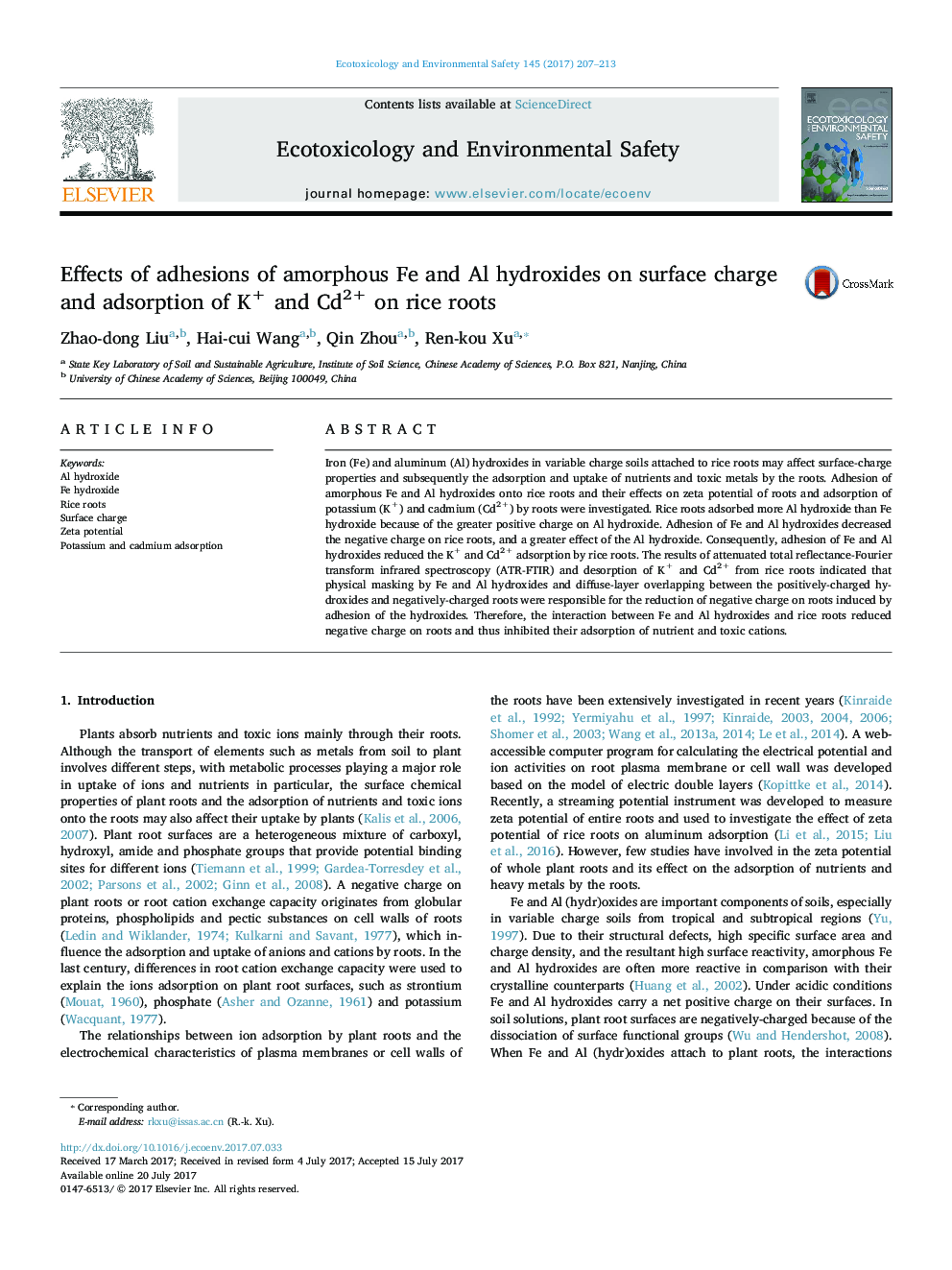 Effects of adhesions of amorphous Fe and Al hydroxides on surface charge and adsorption of K+ and Cd2+ on rice roots