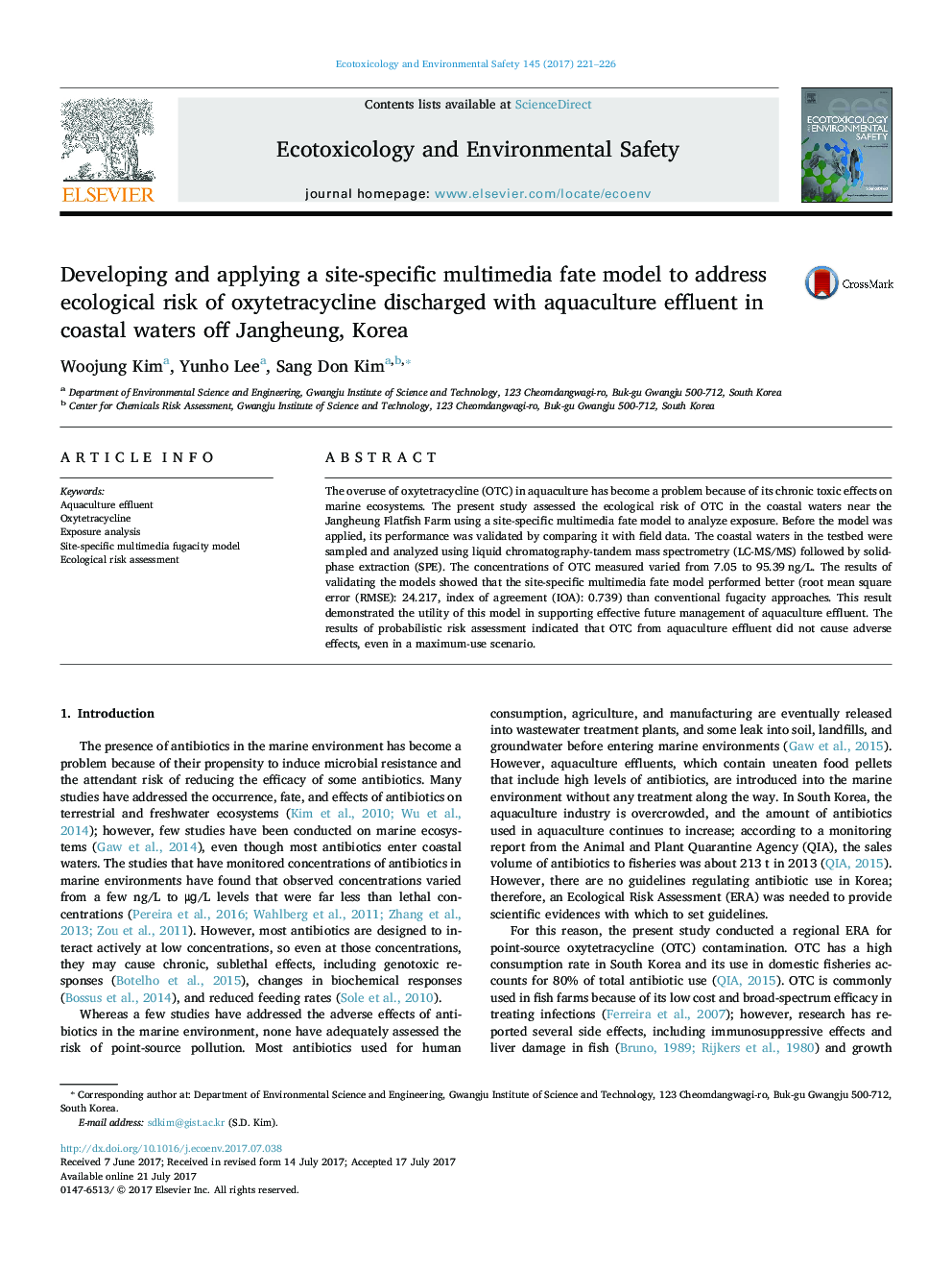 Developing and applying a site-specific multimedia fate model to address ecological risk of oxytetracycline discharged with aquaculture effluent in coastal waters off Jangheung, Korea