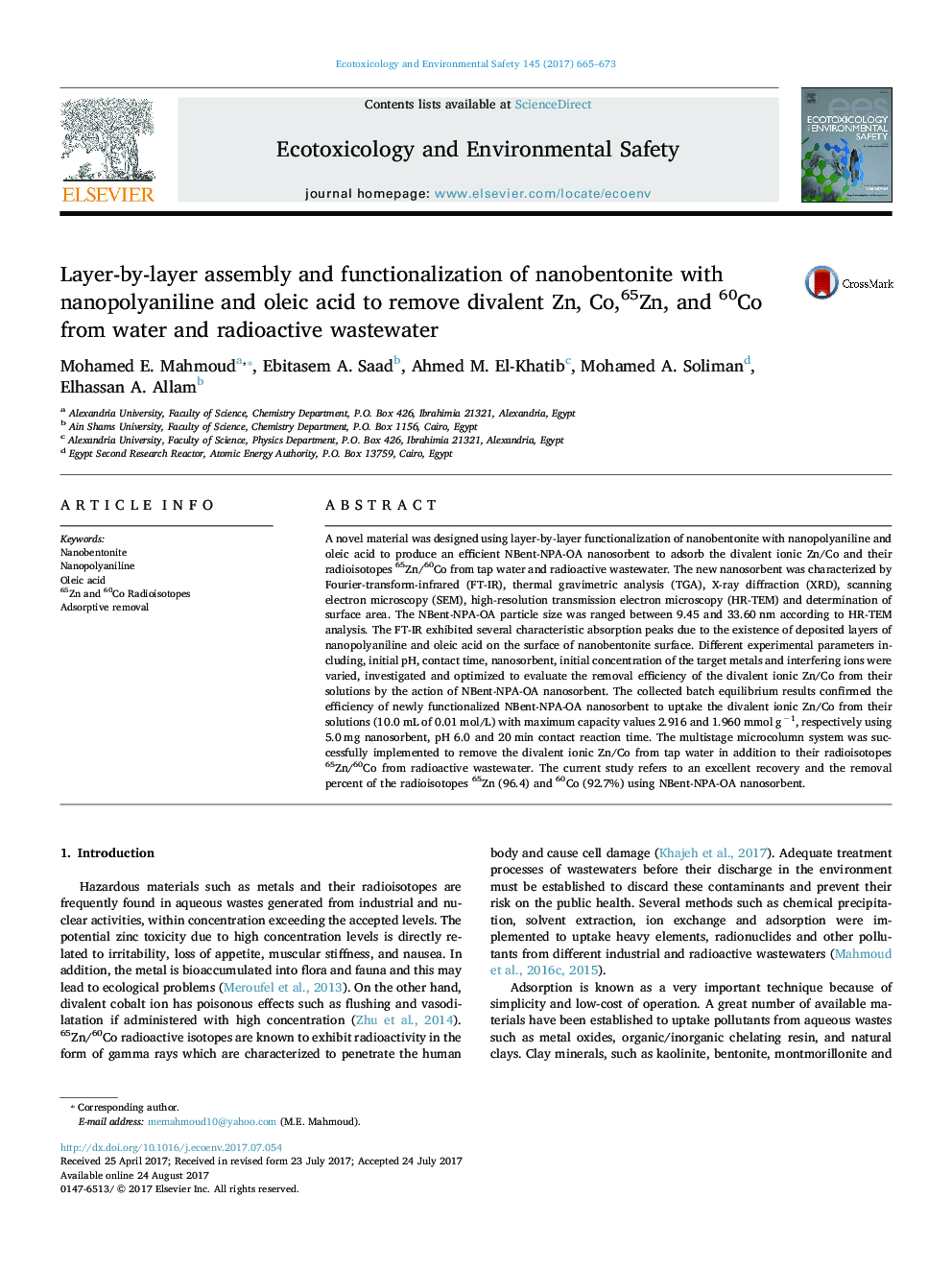 Layer-by-layer assembly and functionalization of nanobentonite with nanopolyaniline and oleic acid to remove divalent Zn, Co,65Zn, and 60Co from water and radioactive wastewater