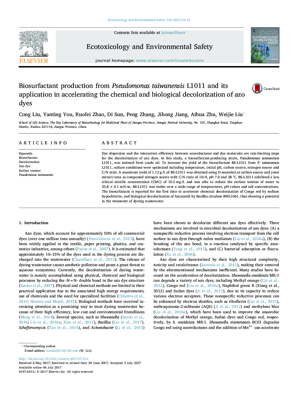 Biosurfactant production from Pseudomonas taiwanensis L1011 and its application in accelerating the chemical and biological decolorization of azo dyes