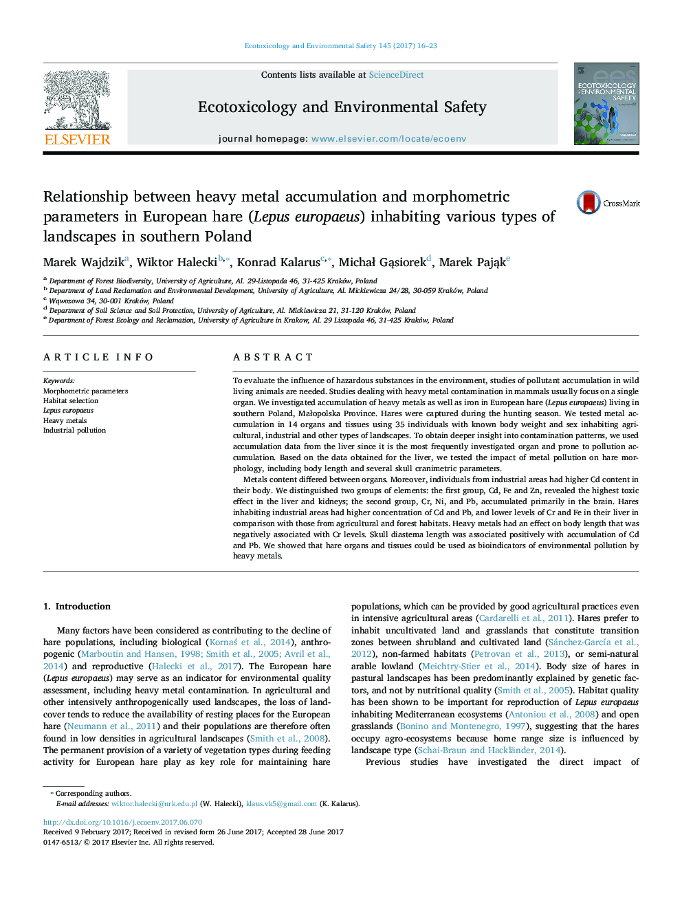 Relationship between heavy metal accumulation and morphometric parameters in European hare (Lepus europaeus) inhabiting various types of landscapes in southern Poland