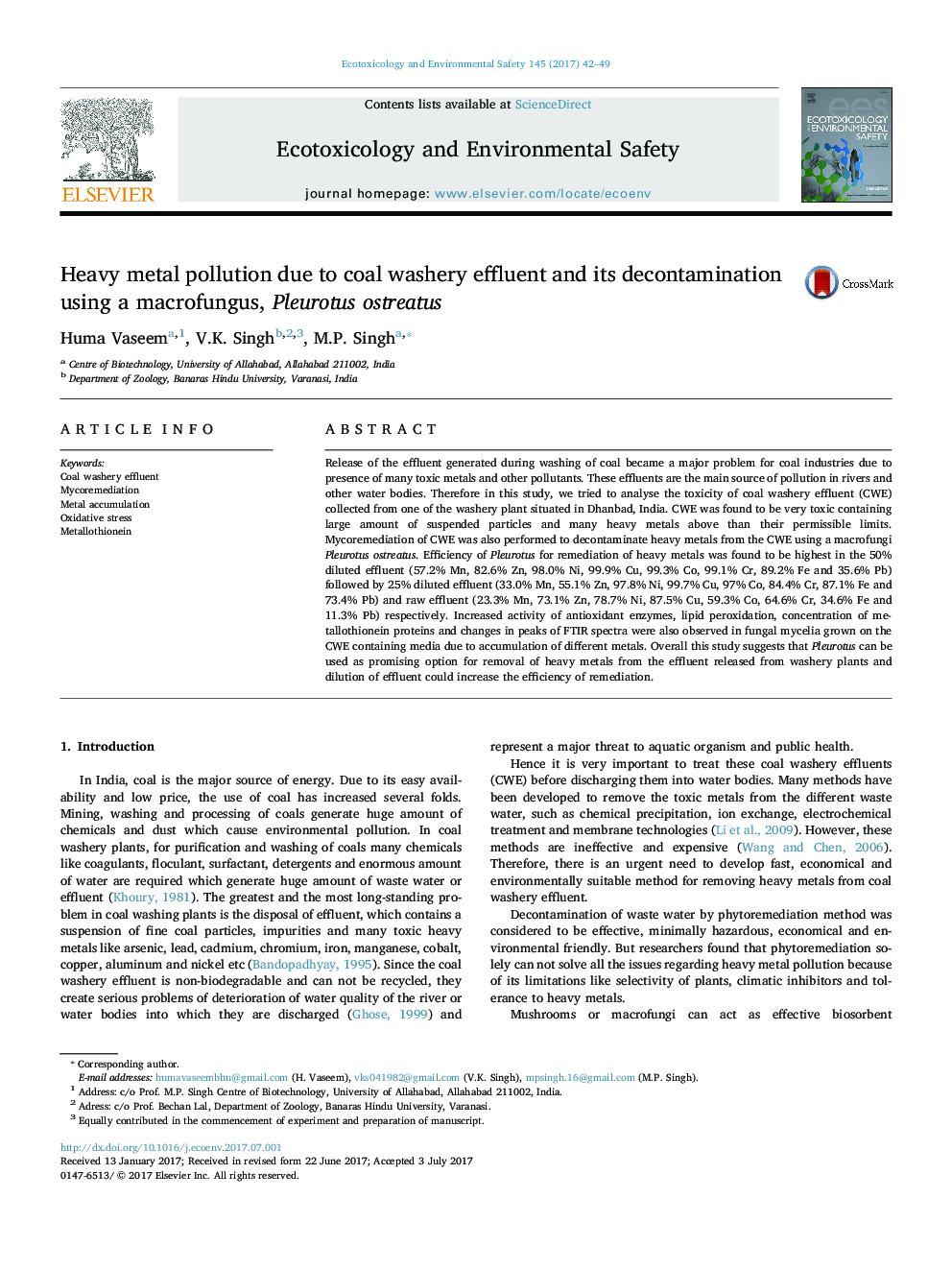 Heavy metal pollution due to coal washery effluent and its decontamination using a macrofungus, Pleurotus ostreatus