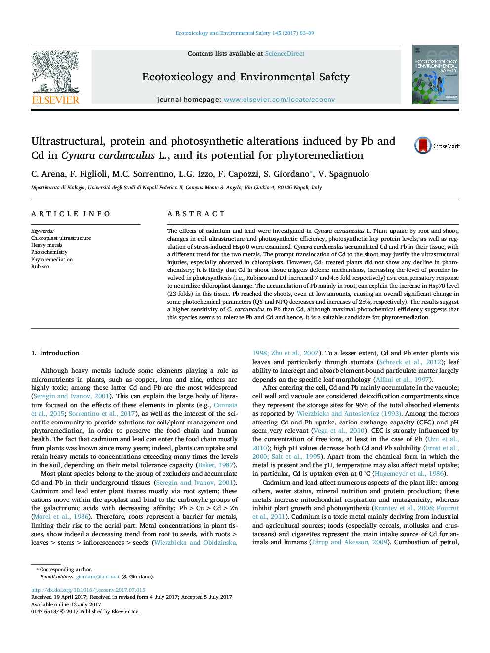 Ultrastructural, protein and photosynthetic alterations induced by Pb and Cd in Cynara cardunculus L., and its potential for phytoremediation