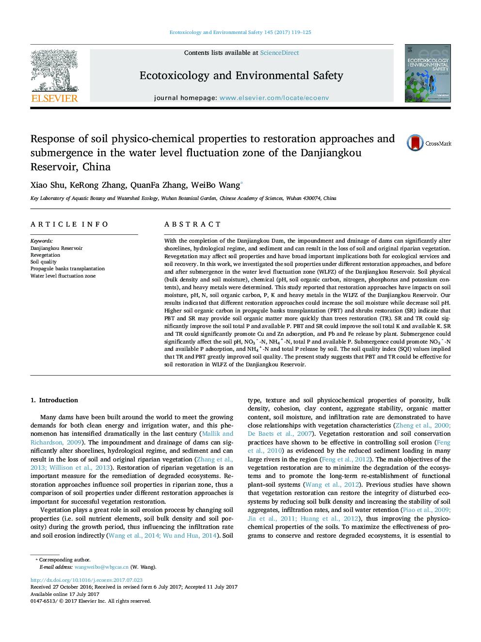 Response of soil physico-chemical properties to restoration approaches and submergence in the water level fluctuation zone of the Danjiangkou Reservoir, China