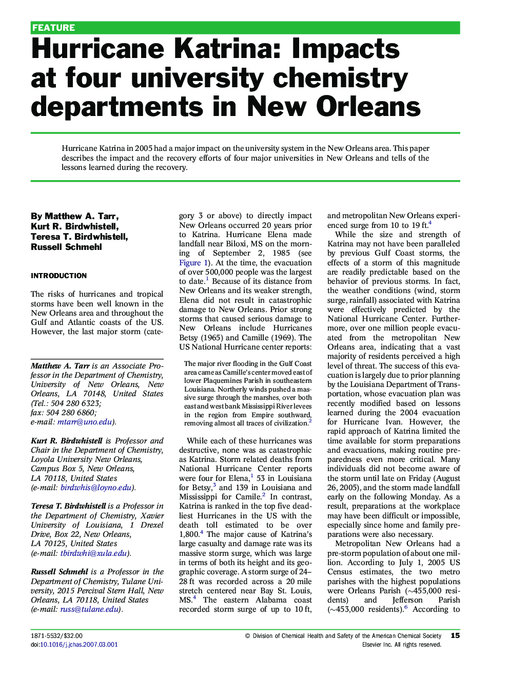 Hurricane Katrina: Impacts at four university chemistry departments in New Orleans