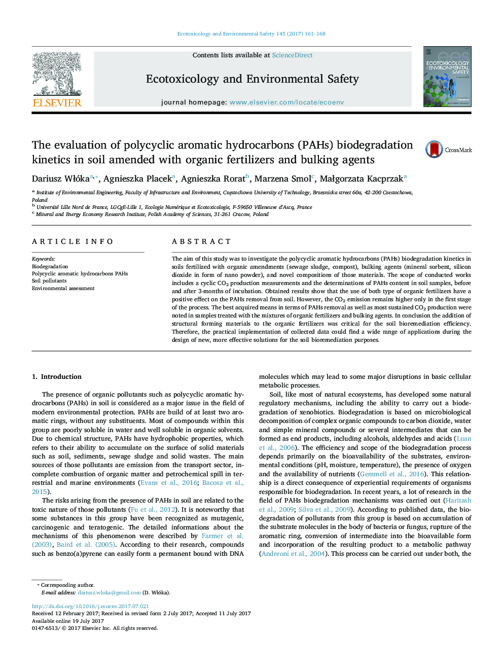 The evaluation of polycyclic aromatic hydrocarbons (PAHs) biodegradation kinetics in soil amended with organic fertilizers and bulking agents