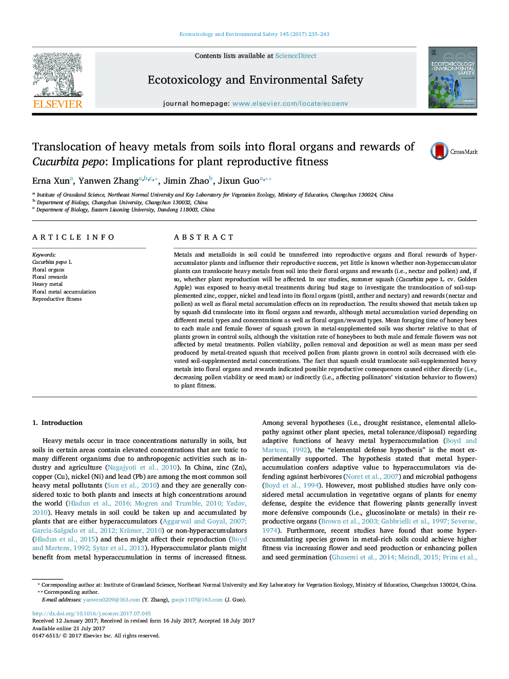 Translocation of heavy metals from soils into floral organs and rewards of Cucurbita pepo: Implications for plant reproductive fitness