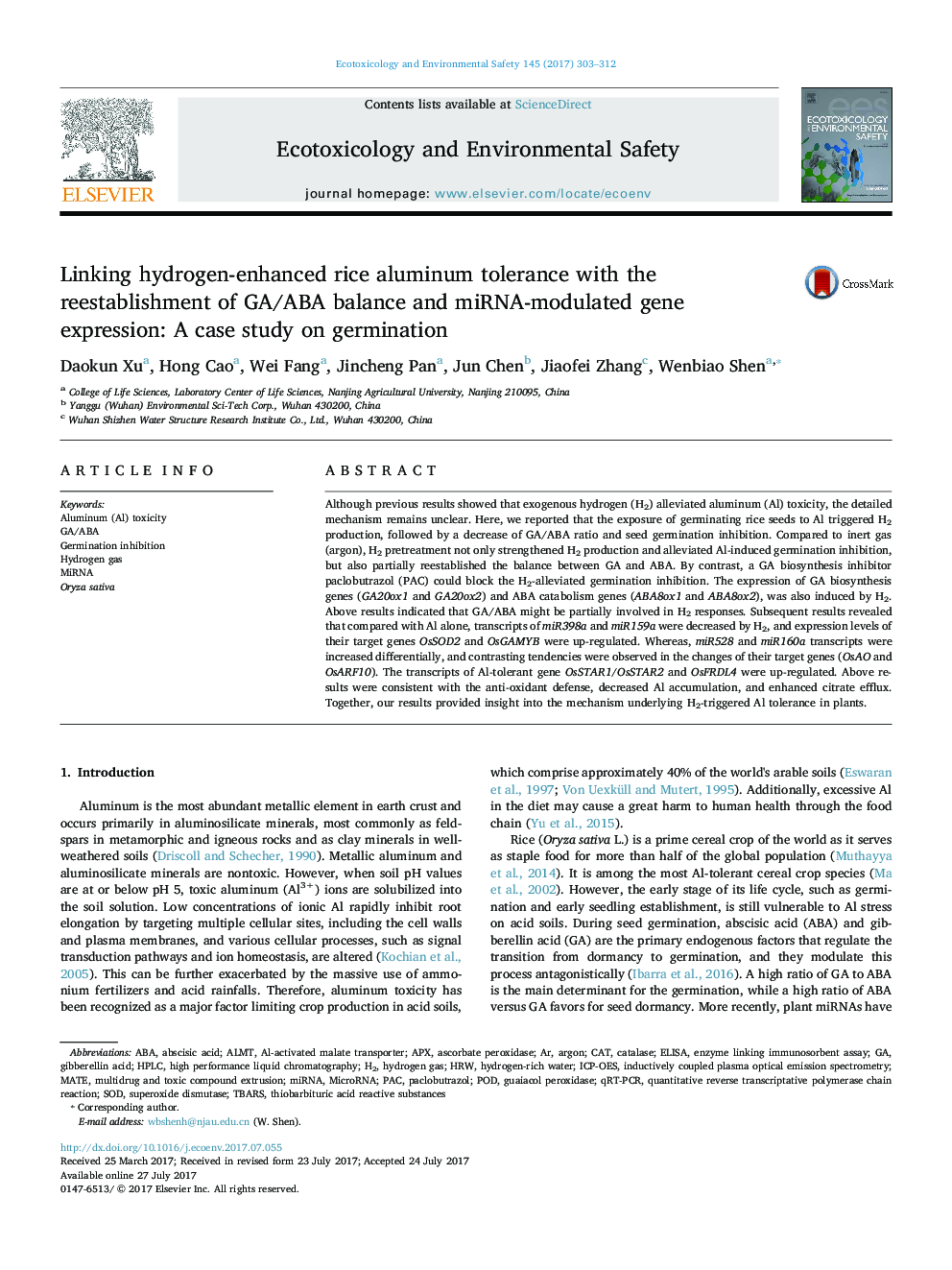 Linking hydrogen-enhanced rice aluminum tolerance with the reestablishment of GA/ABA balance and miRNA-modulated gene expression: A case study on germination