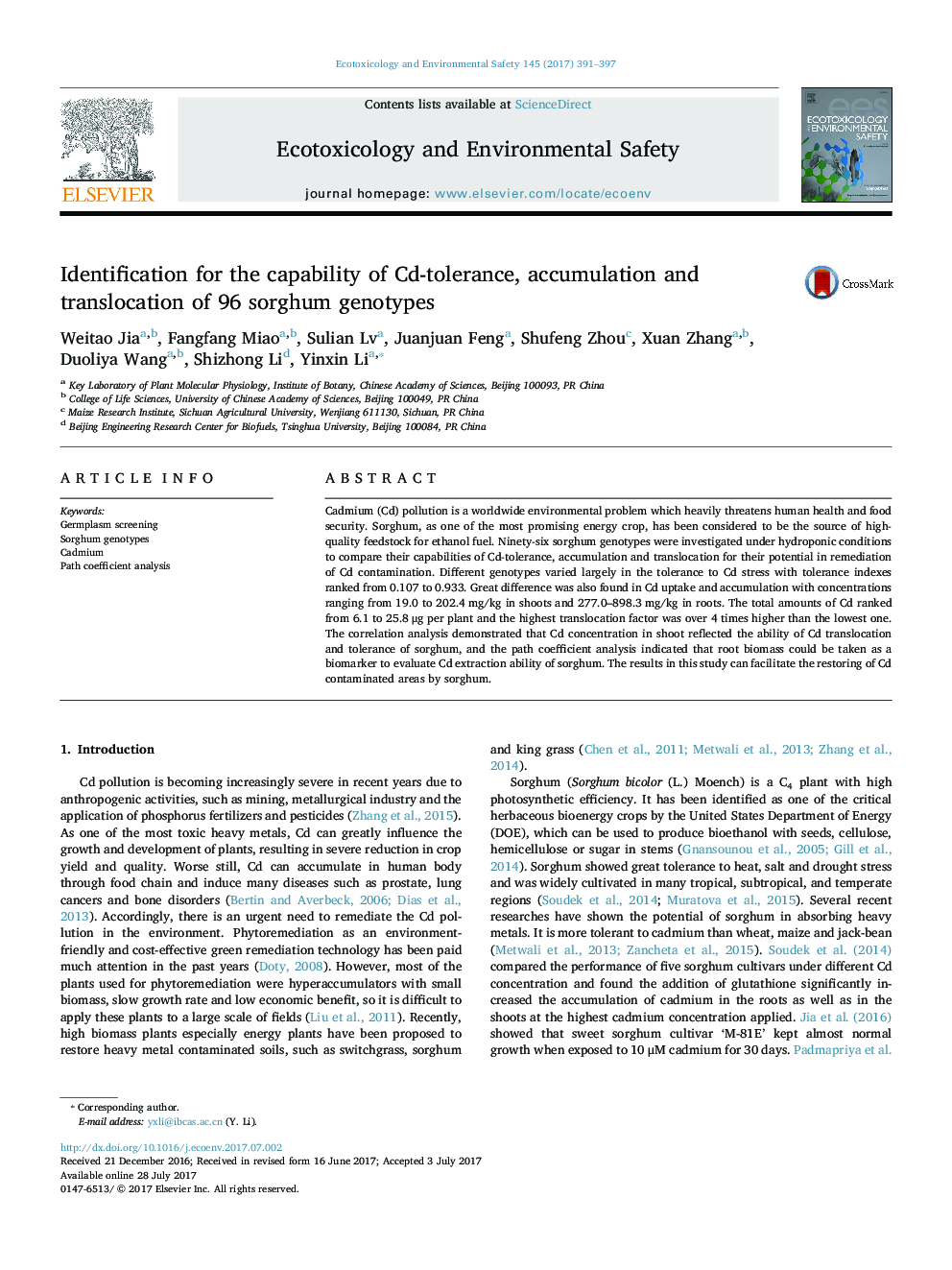 Identification for the capability of Cd-tolerance, accumulation and translocation of 96 sorghum genotypes