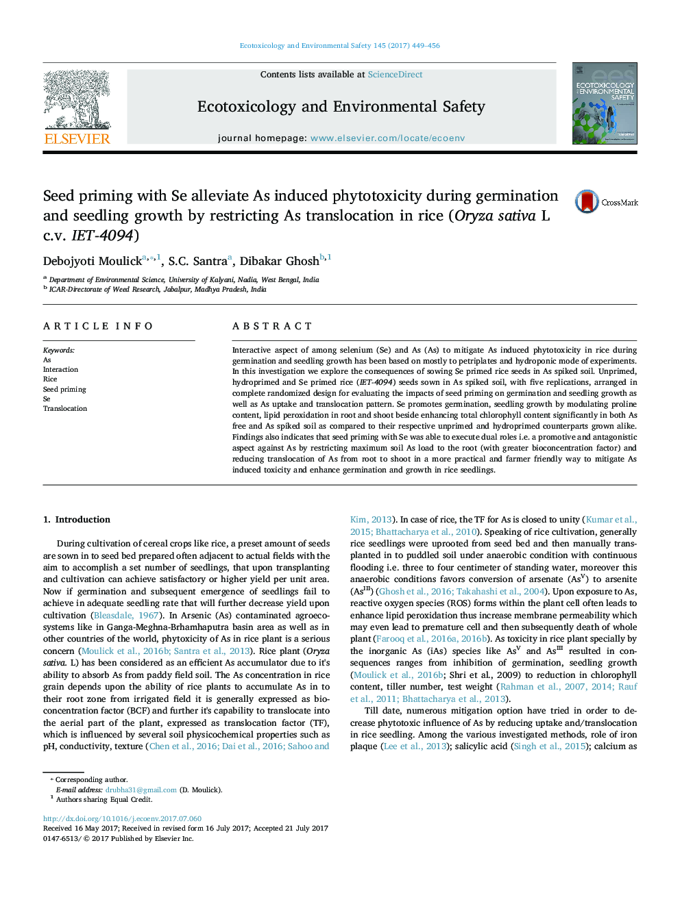 Seed priming with Se alleviate As induced phytotoxicity during germination and seedling growth by restricting As translocation in rice (Oryza sativa L c.v. IET-4094)
