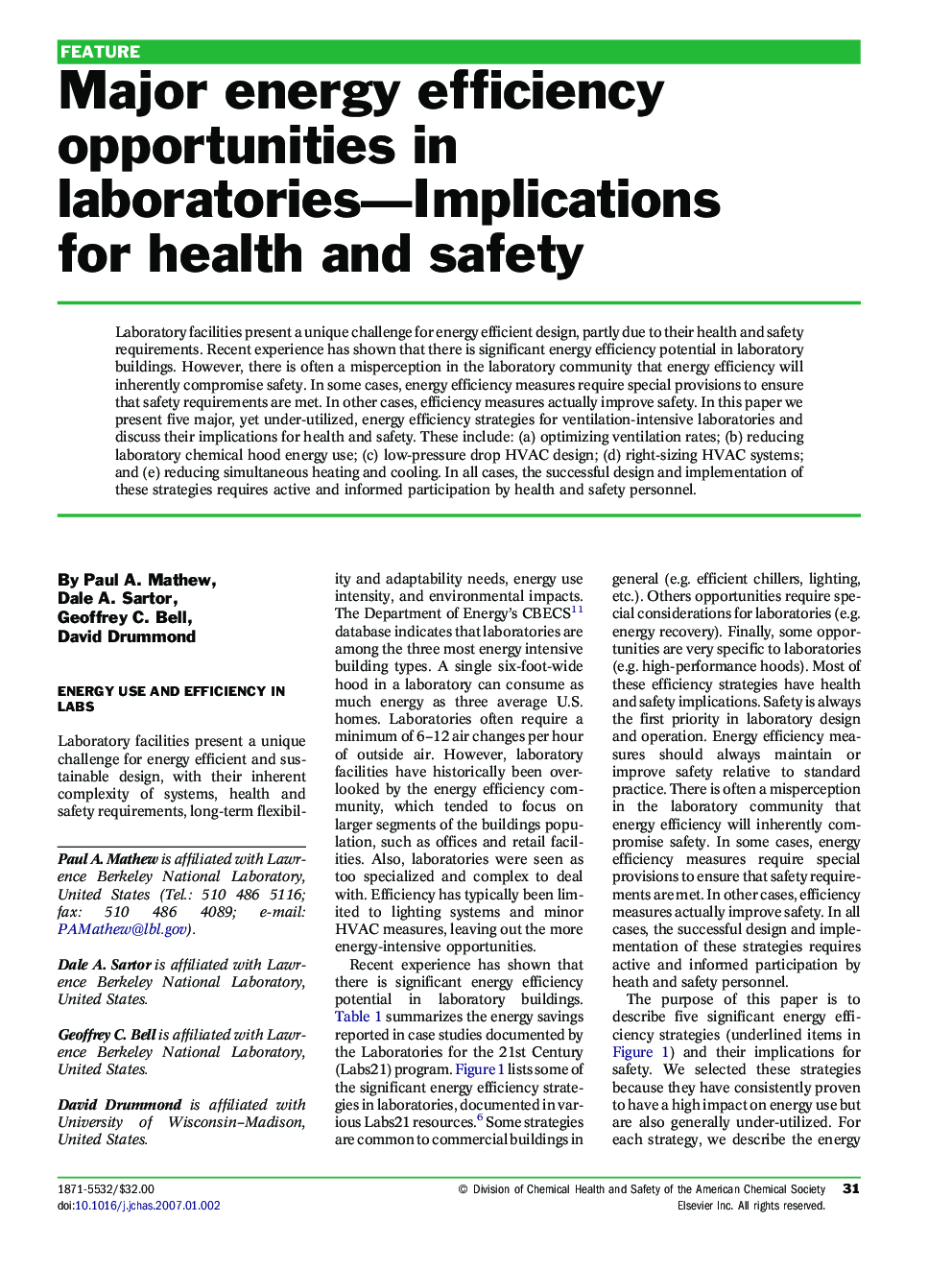 Major energy efficiency opportunities in laboratories—Implications for health and safety
