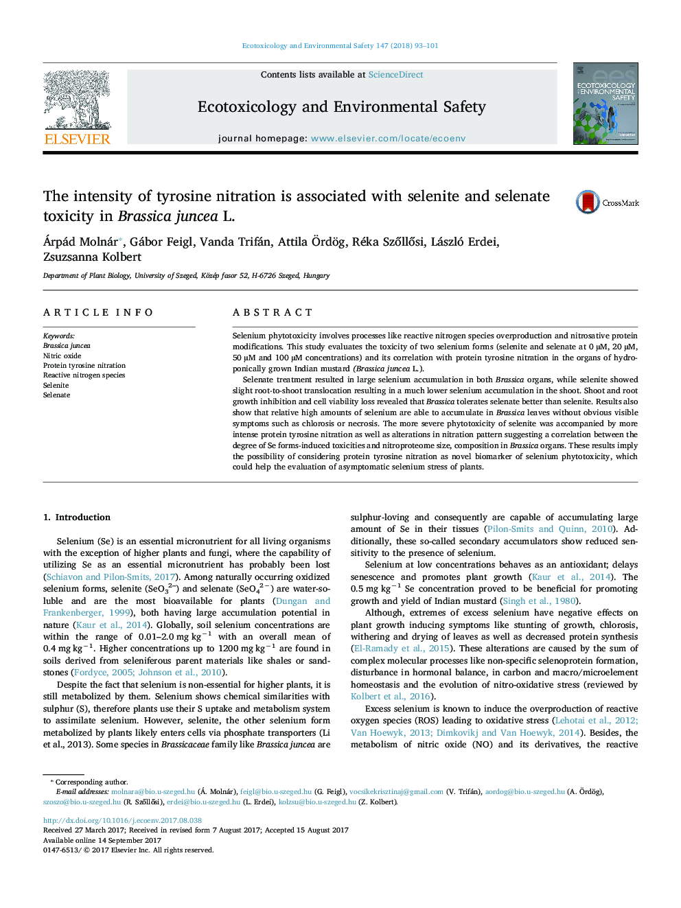 The intensity of tyrosine nitration is associated with selenite and selenate toxicity in Brassica juncea L.