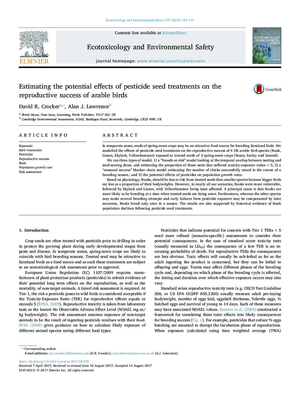 Estimating the potential effects of pesticide seed treatments on the reproductive success of arable birds