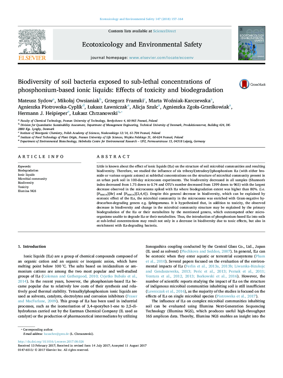 Biodiversity of soil bacteria exposed to sub-lethal concentrations of phosphonium-based ionic liquids: Effects of toxicity and biodegradation