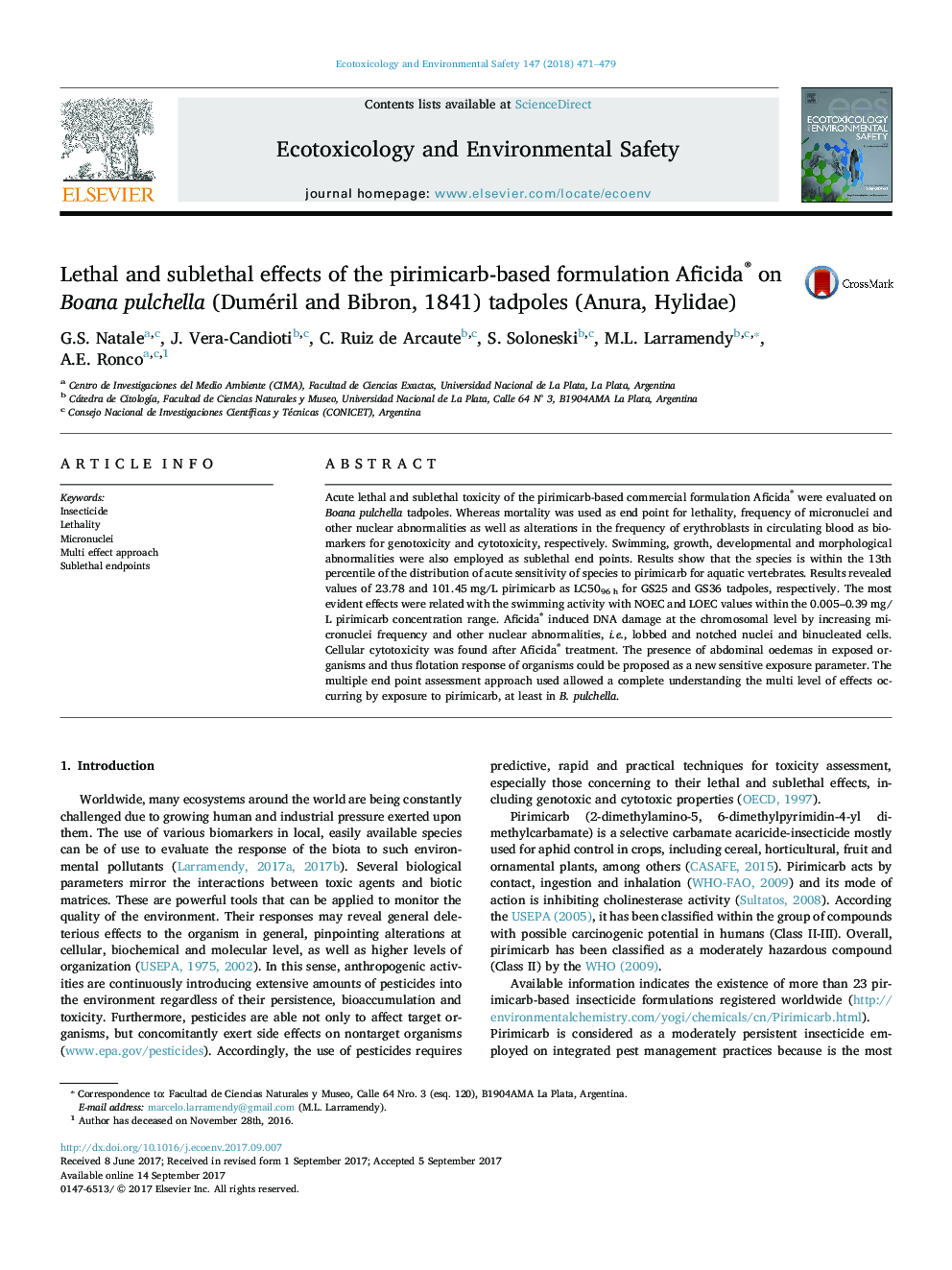 Lethal and sublethal effects of the pirimicarb-based formulation Aficida® on Boana pulchella (Duméril and Bibron, 1841) tadpoles (Anura, Hylidae)