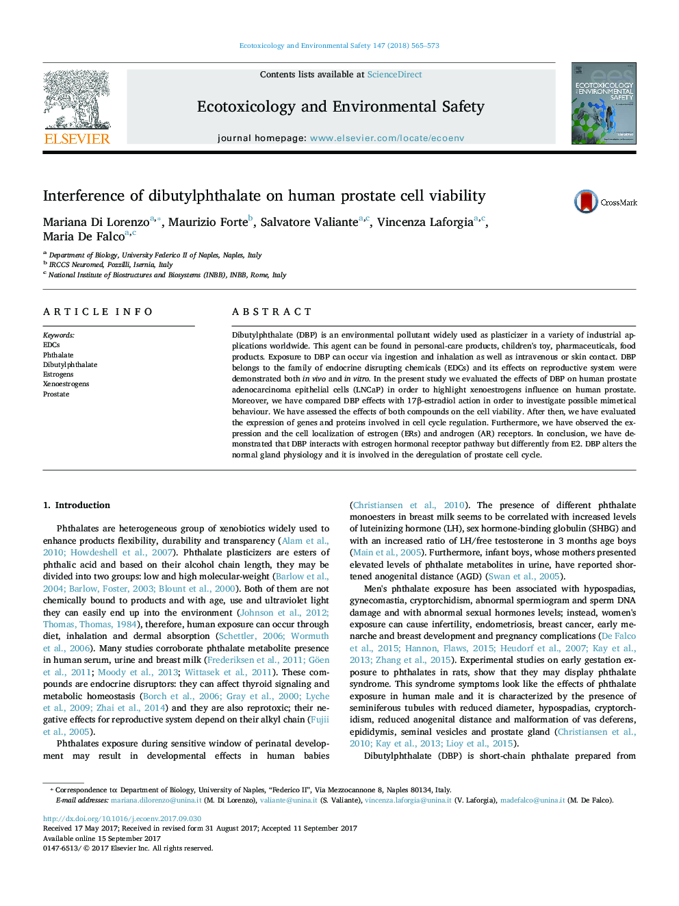 Interference of dibutylphthalate on human prostate cell viability