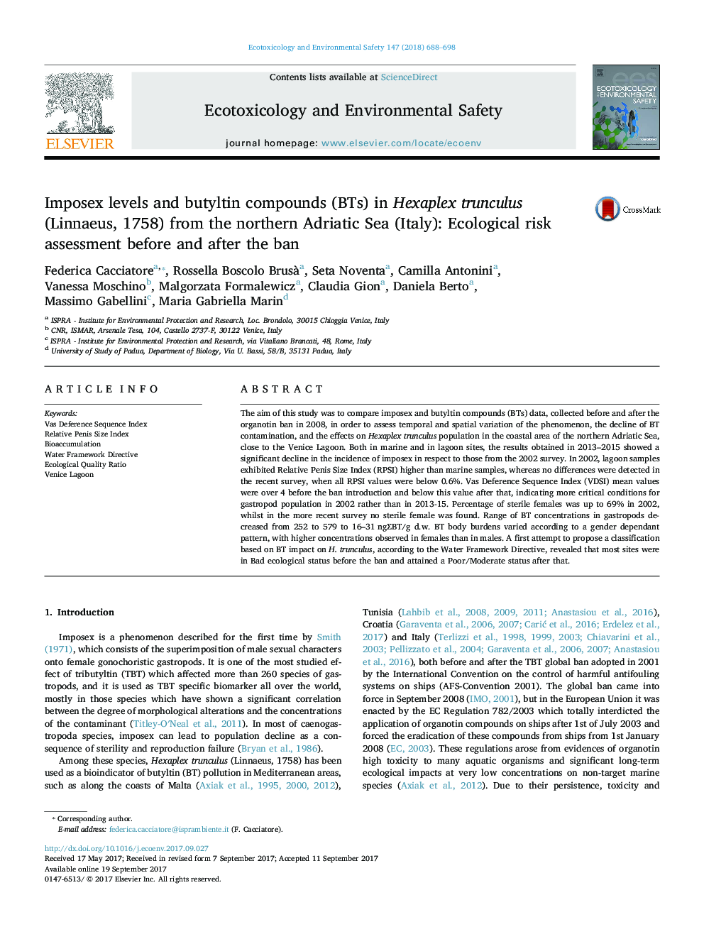 Imposex levels and butyltin compounds (BTs) in Hexaplex trunculus (Linnaeus, 1758) from the northern Adriatic Sea (Italy): Ecological risk assessment before and after the ban