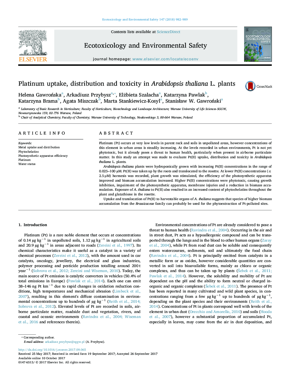 Platinum uptake, distribution and toxicity in Arabidopsis thaliana L. plants