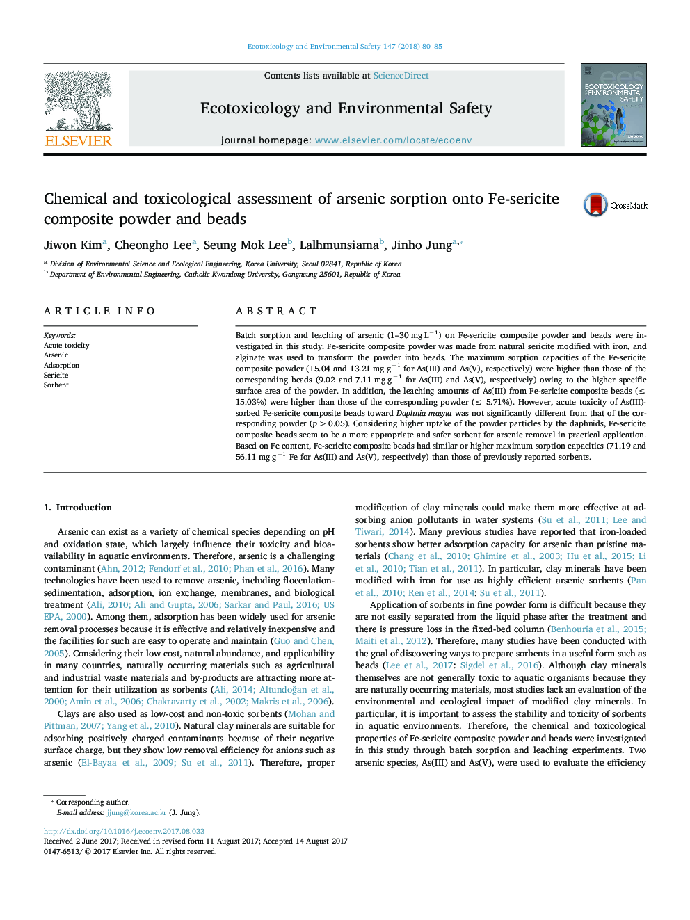 Chemical and toxicological assessment of arsenic sorption onto Fe-sericite composite powder and beads