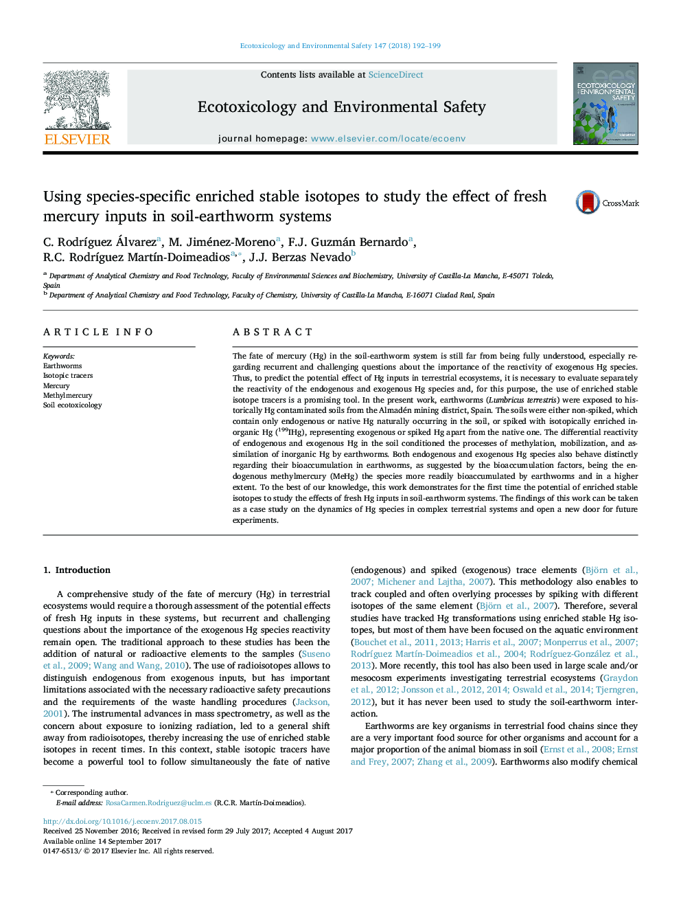 Using species-specific enriched stable isotopes to study the effect of fresh mercury inputs in soil-earthworm systems