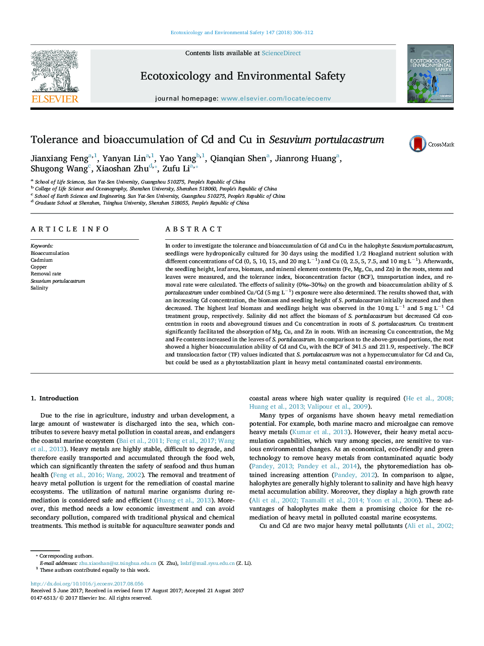 Tolerance and bioaccumulation of Cd and Cu in Sesuvium portulacastrum