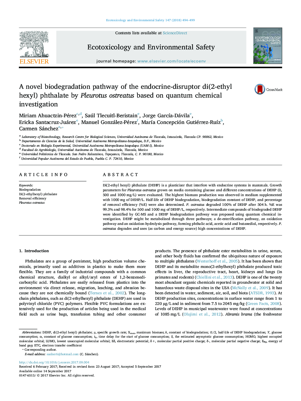 A novel biodegradation pathway of the endocrine-disruptor di(2-ethyl hexyl) phthalate by Pleurotus ostreatus based on quantum chemical investigation