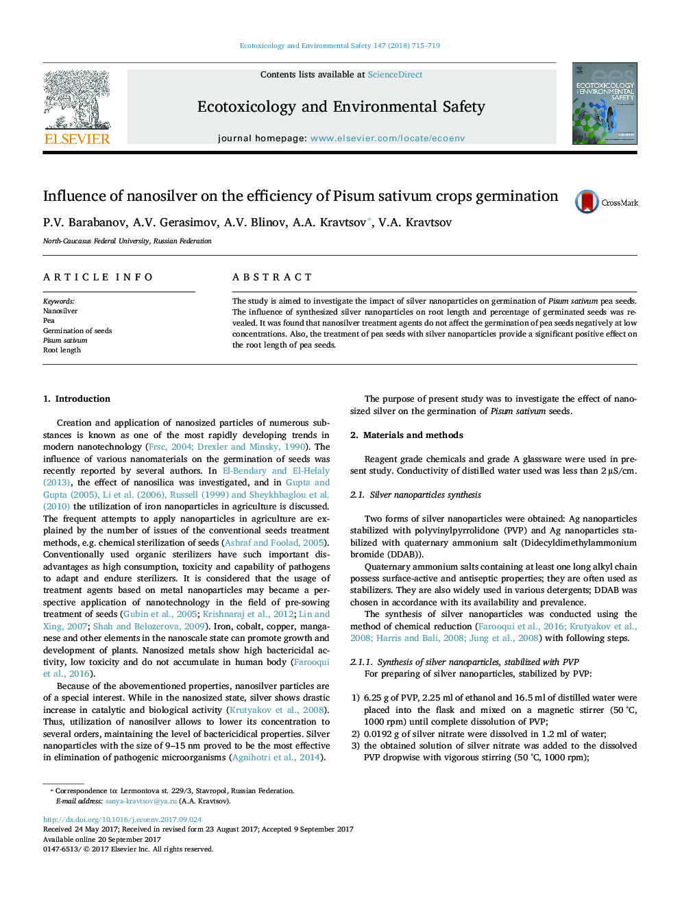 Influence of nanosilver on the efficiency of Pisum sativum crops germination