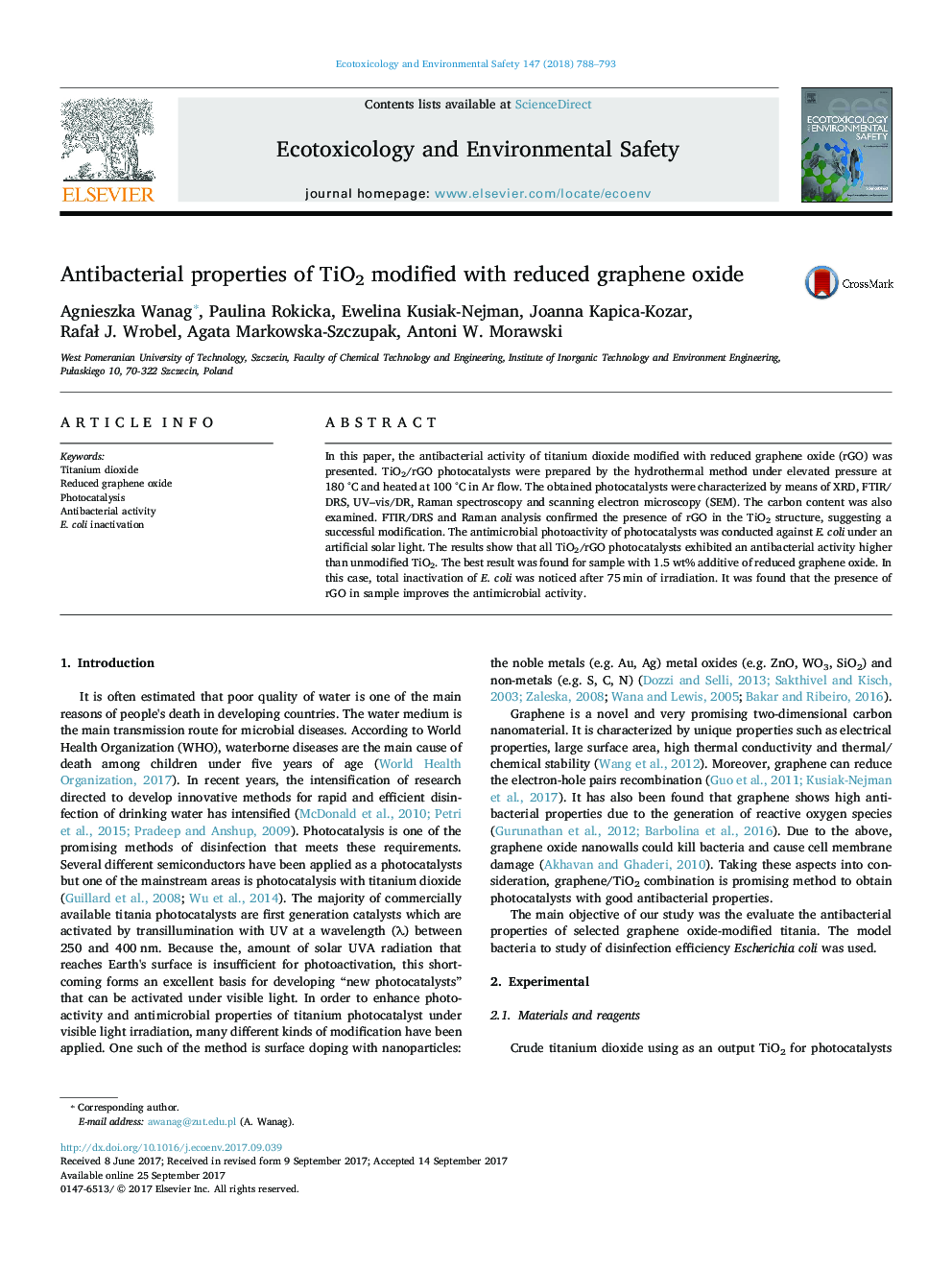 Antibacterial properties of TiO2 modified with reduced graphene oxide