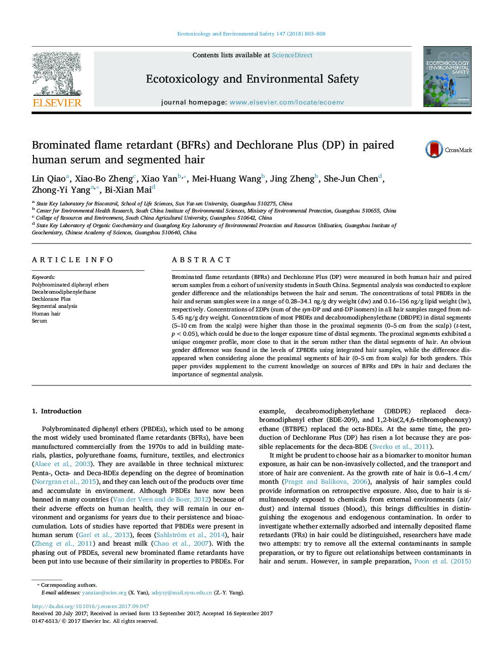 Brominated flame retardant (BFRs) and Dechlorane Plus (DP) in paired human serum and segmented hair