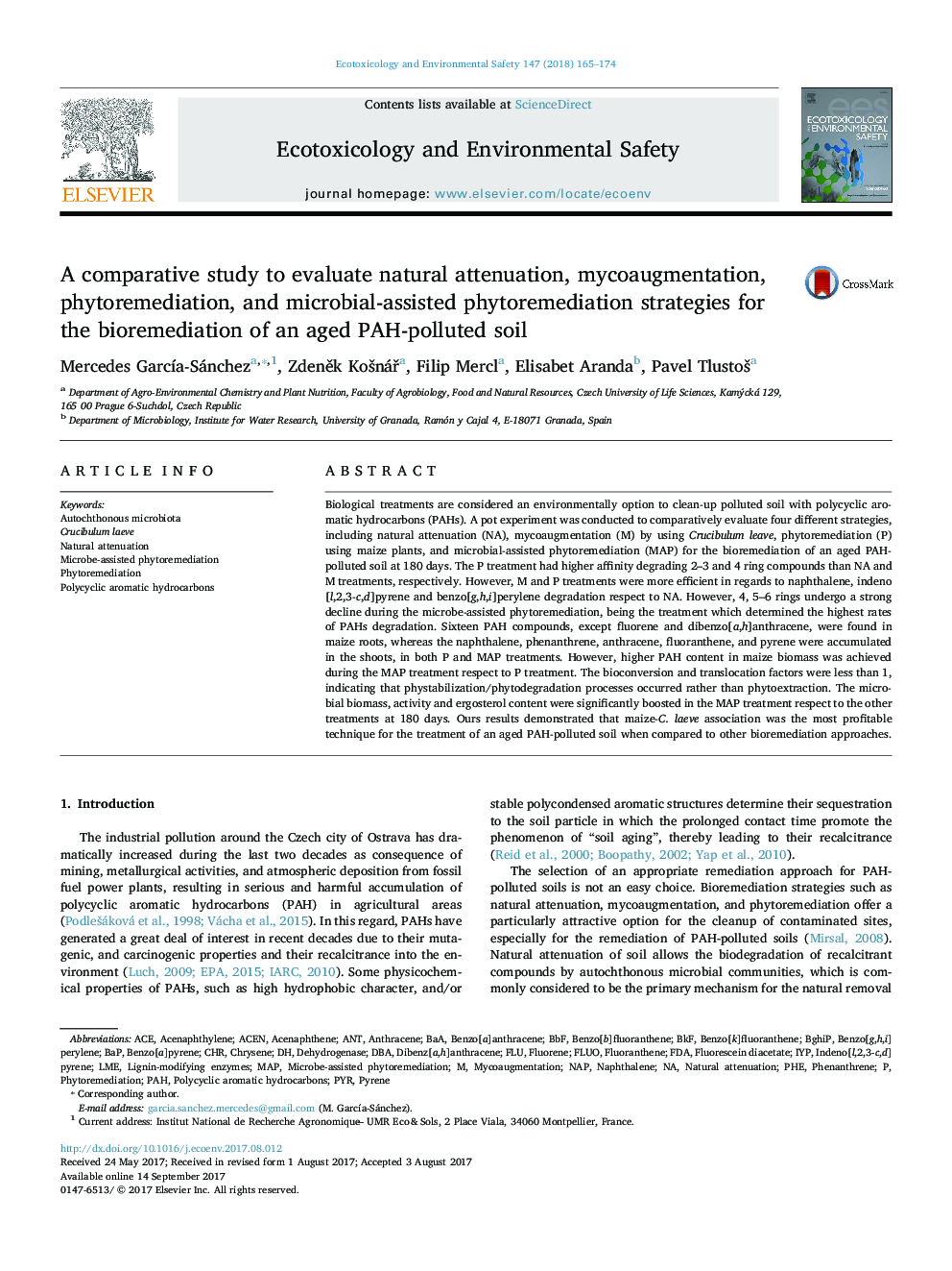 A comparative study to evaluate natural attenuation, mycoaugmentation, phytoremediation, and microbial-assisted phytoremediation strategies for the bioremediation of an aged PAH-polluted soil