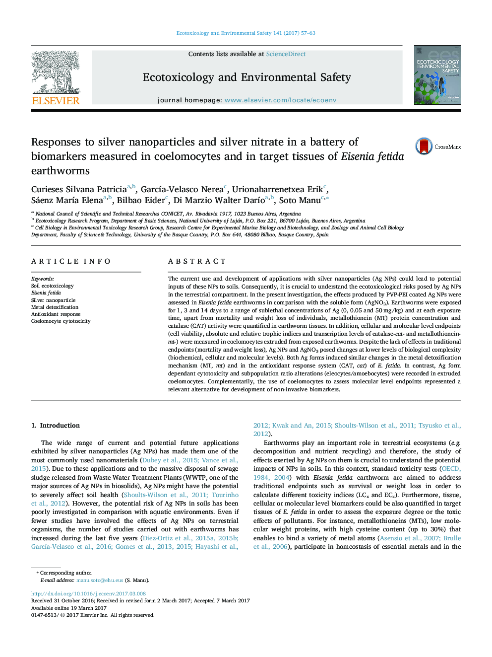 Responses to silver nanoparticles and silver nitrate in a battery of biomarkers measured in coelomocytes and in target tissues of Eisenia fetida earthworms