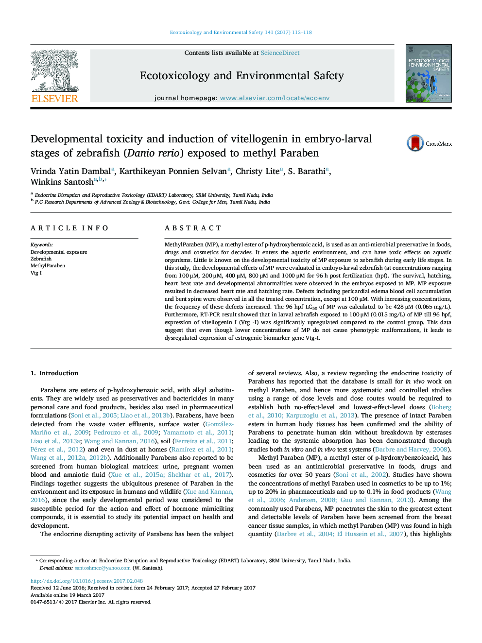 Developmental toxicity and induction of vitellogenin in embryo-larval stages of zebrafish (Danio rerio) exposed to methyl Paraben